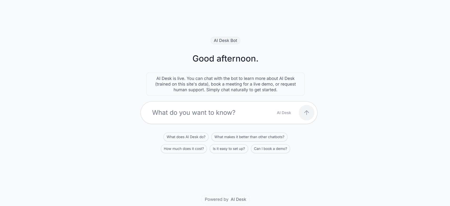 AI Desk full page chat interface showing comprehensive customer support conversation